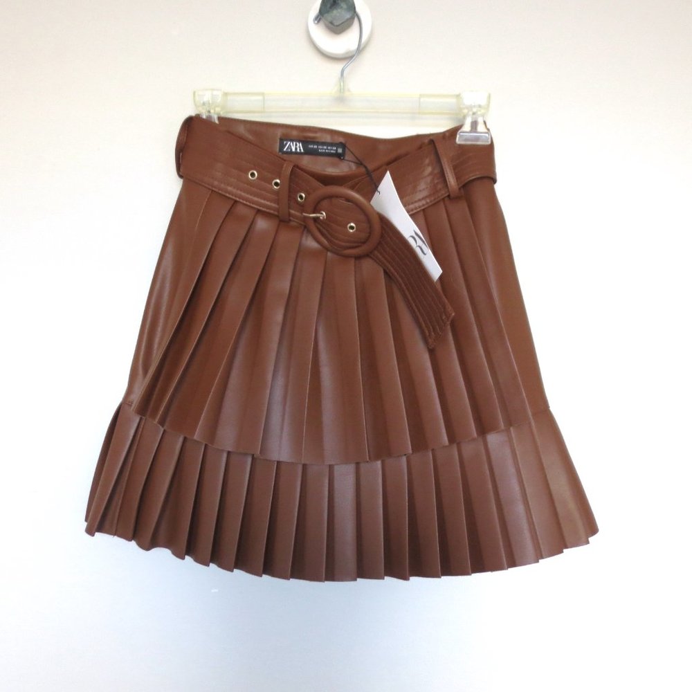 NWT ZARA PLEATED FAUX LEATHER SKIRT WHISKY 3046/328 - Picture 12 of 13